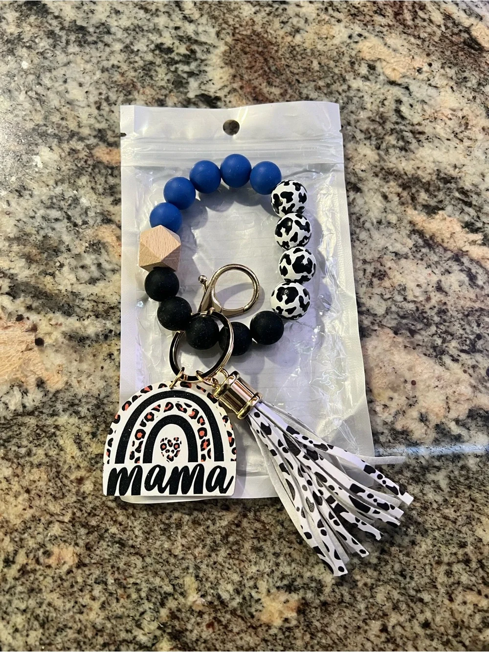 Source Unknown Blue & Black Beaded 'mama' Keyring with Leopard Tassel